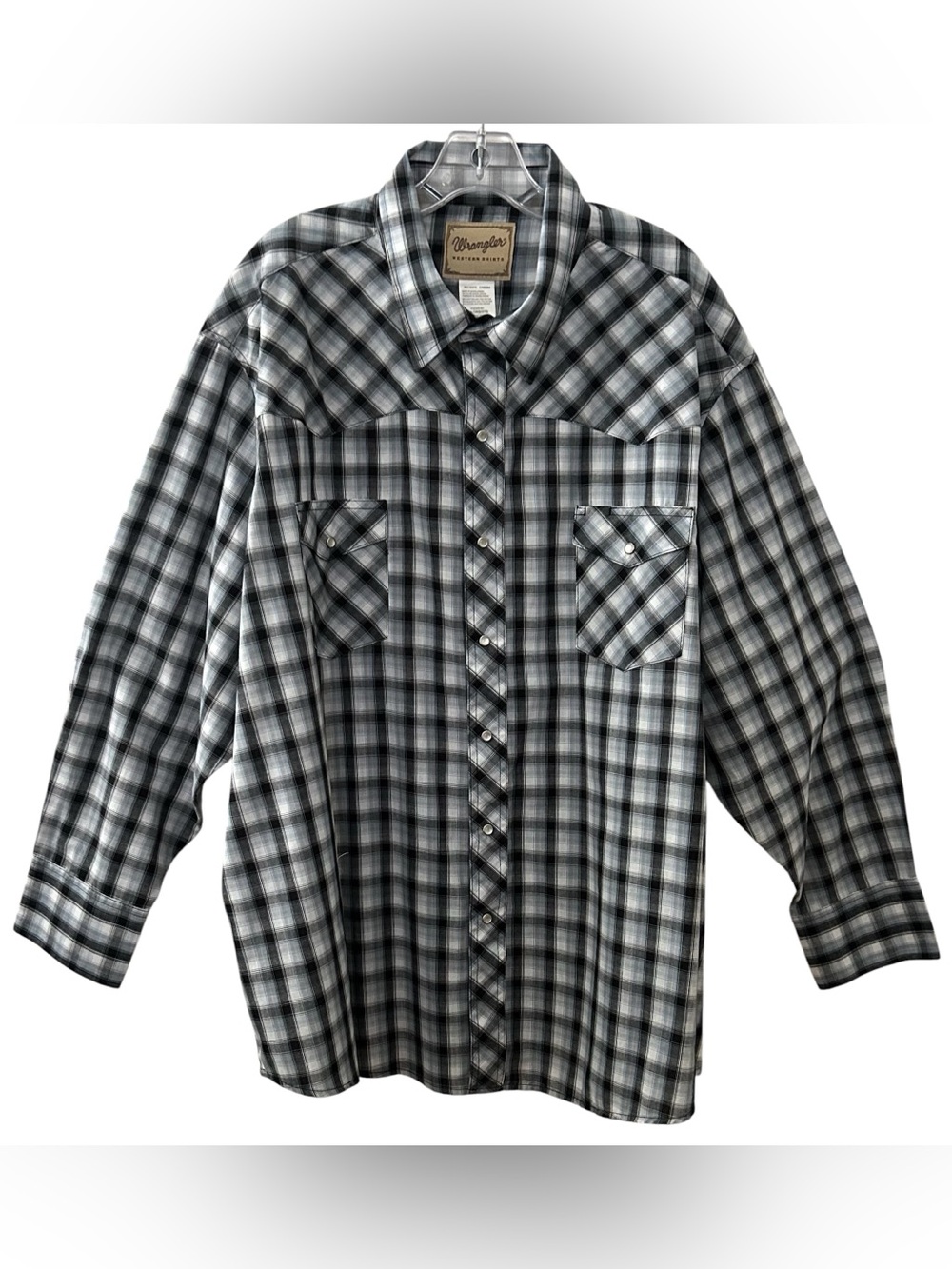 Wrangler Western Plaid Pearl Snap Shirt Men's 3XL XXXL Black Gray Casual Cowboy